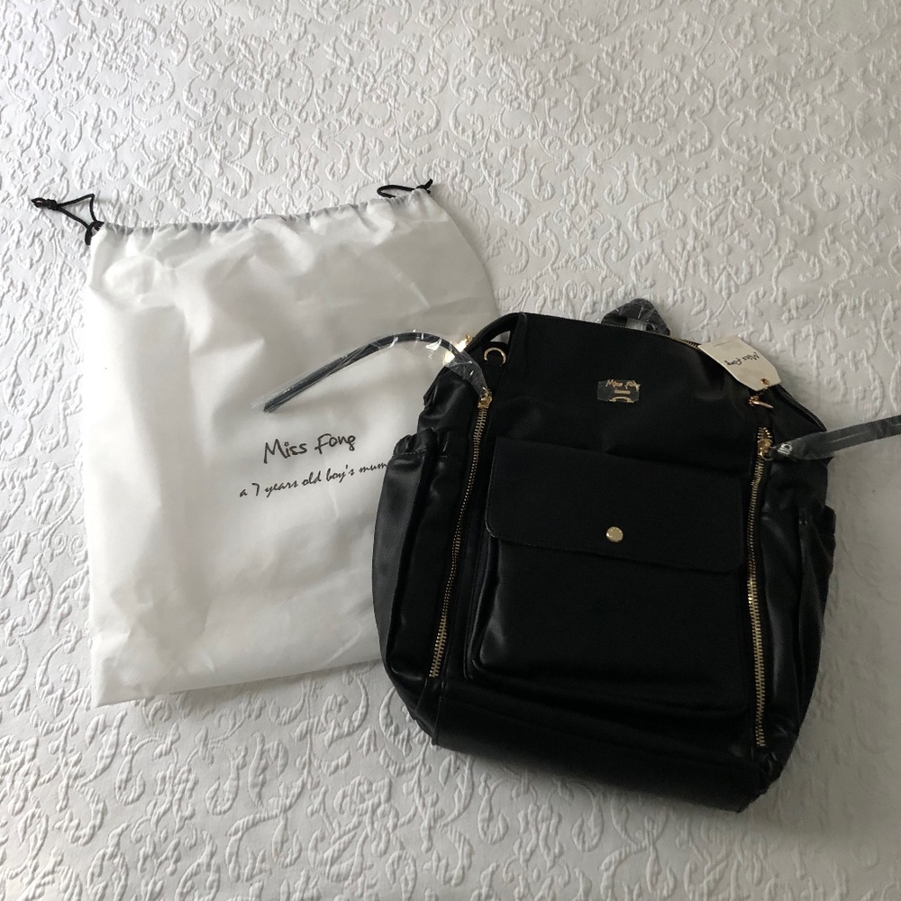 BRAND NEW IN BOX Miss Fong Black Leather Diaper Bag